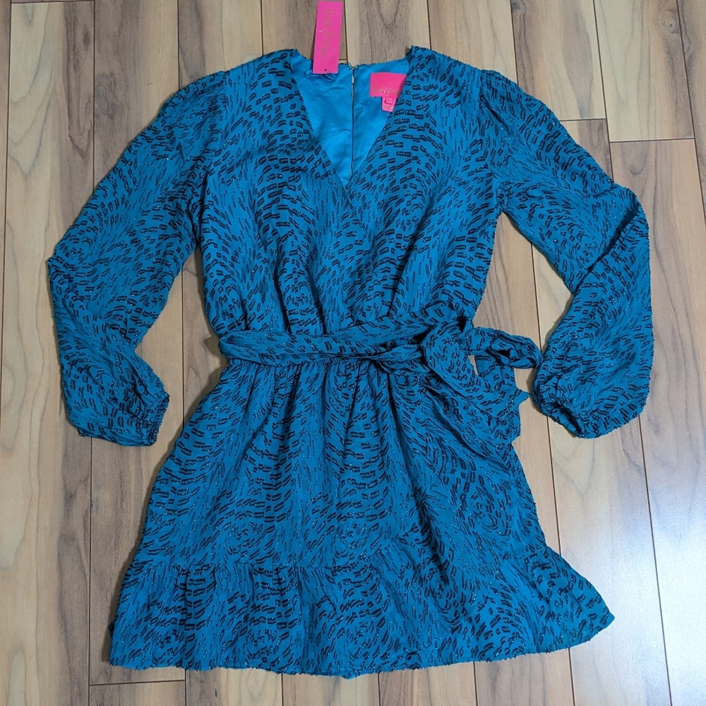 EUC! Lilly Pulitzer Alfie Long Sleeve Romper Teal Bay Silk Swirl Clip Size XS